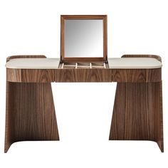 a wooden desk with a mirror on it and a drawer underneath the desk is white marble