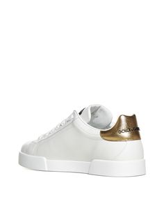 100% Leather Luxury Leather Sneakers With Metallic Logo, Luxury Sneakers With Leather Lining And Round Toe, Leather Sneakers With Logo Plaque And Round Toe, Luxury Calf Leather Sneakers With Logo Plaque, Luxury Leather Sneakers With Logo Plaque, Luxury Calf Leather Sneakers, Designer Leather Sneakers With Logo Plaque, White Calf Leather Sneakers With Leather Lining, Dolce Gabbana Sneakers