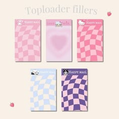 four pink and blue checkered paper with the words happy mail