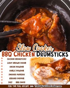 slow cooker bbq chicken drumsticks recipe in the crock pot with text overlay