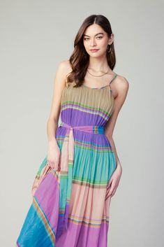 This pleated maxi dress is downright dreamy, crafted from a colorblocked skirt in a striking gradation of pastel inspired hues. Adjustable shoulder straps let you create the perfect fit. •Relaxed fit •Adjustable shoulder straps •Pleat detailing •Removable self-tie belt •Original 'Color Block' print, designed by Current Air DIMENSIONS •Standard: 51" Length Item number 2190334 100% Polyester Imported Chic Gradient Summer Dress, Spring Color Block Dress With Spaghetti Straps, Gradient Color Summer Midi Dress, Spring Multicolor Maxi Dress With Adjustable Straps, Purple Color Block Dress For Spring, Spring Sleeveless Gradient Dress, Spring Purple Color Block Dress, Spring Gradient Maxi Dress, Sleeveless Gradient Maxi Dress For Spring