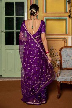 Purple saree with floral gota patti work motifs and zari border. Comes with unstitched blouse fabric.
Components: 2
Pattern: Embroidered
Type Of Work: Gota Patti
Fabric: Pure Kota Silk
Color: Purple
Other Details: 
Saree Length: 5.5 Mtrs
Note: Stitched blouse worn by the model is not for sale
Disclaimer: Since these products are handcrafted and hand dyed and hence may have slight irregularities and dissimilarities each time it is crafted. This is a natural outcome of human involvement in the pro Gota Patti Work, Kota Silk Saree, Purple Saree, Gota Work, Handwoven Fabric, Organza Saree, Work Sarees, Chiffon Saree, Fashion App