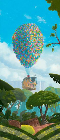 a painting of a house in the air with balloons