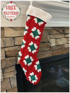 a crocheted christmas stocking hanging from a fireplace mantel with the words free pattern on it