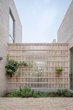 an outdoor courtyard with brick walls and plants growing on the wall, surrounded by bricks