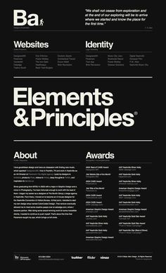 the elements and princples website is shown in black, with white text on it