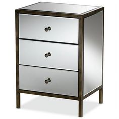 a mirrored cabinet with two drawers on one side and an open drawer on the other