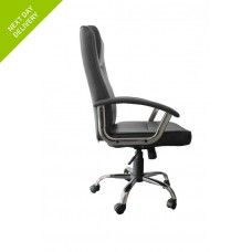 an office chair with black leather upholstered seat