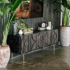 some plants are sitting on a table in front of a mirror and other decor items