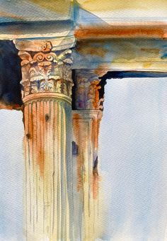 watercolor painting of an old building with columns and pillars in the foreground, against a blue sky