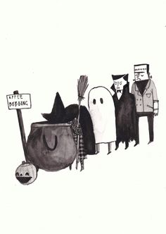 a black and white drawing of people dressed in halloween costumes