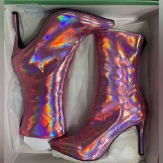 Rare Discontinued Style (2018) From Brand Current Mood New In Box Women’s Size 7 Super Cute, Pink Holographic Heel Boots, Cosmic Girl Vibes Pink Block Heel Boots For Party, Iridescent Round Toe Heels For Party, Metallic Heels With Sculpted Heel, Luxury High Ankle Party Heels, Pink High Ankle Heels For Party, Iridescent Pointed Toe Heels For Party, Party Heels With Sculpted Heel And High Ankle, High Ankle Patent Leather Heels, Modern High Heel Boots For Party