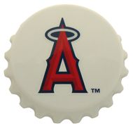 the los angeles angels logo on a wall next to an office chair and framed photograph