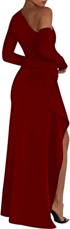 Experience the elegant and eye-catching look of our Asymmetrical Goddess Red One Shoulder Sleeve Maxi Dress. Featuring a flattering one shoulder sleeve and asymmetrical design, this dress adds a touch of goddess-like style to any occasion. Made with high-quality materials, it's guaranteed to make you stand out in any crowd. 95% Polyester, 5% Elastane Long sleeve maxi dress made of high quanlity polyester and spandex is lightweight,breathable and silky,which brings you a fantastic wearing experience. Brand Size Dress Bust Waist Hip XS 0-2 31-32.5'' 23-24'' 31-34" S 4--6 33-35'' 25-26'' 35-37" M 8--10 35-36'' 27-28'' 38-39" L 12--14 38-40'' 29-31'' 40-42" XL 14-16 40-42'' 33.5-36'' 44-46" 2XL 18-20 42-44'' 37-40'' 47-50" 3XL 22-24 44-46'' 41-46'' 51-55" 4XL 26-28 46-48'' 47-50'' 56-60" Elegant Red One Shoulder Dress For Formal Occasions, Elegant Red One Shoulder Formal Dress, Elegant Red Asymmetrical Dress, Elegant Red Asymmetrical One Shoulder Dress, Elegant Red One-shoulder Evening Dress, Red Asymmetrical Dress For Formal Occasions, Elegant One Shoulder Asymmetrical Dress, Elegant Asymmetrical One Shoulder Solid Dress, Elegant Asymmetrical One Shoulder Dress