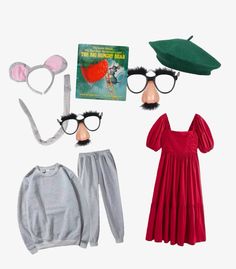 an assortment of children's clothing and accessories including eyeglasses, headbands