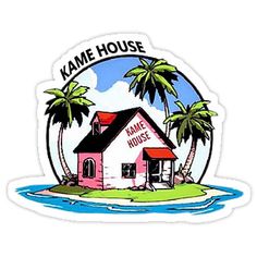 a sticker with a house and palm trees in the background that says kame house