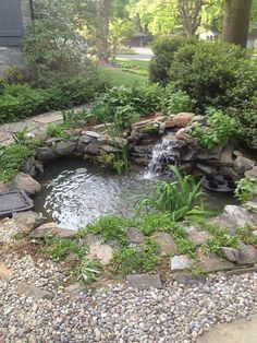 there is a small pond in the middle of some rocks and grass near a house