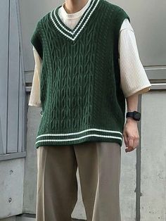 Men Striped Trim Cable Knit Sweater Vest | SHEIN USA Male Sweater Vest Outfit, Baggy Sweater Vest Outfit, Baggy Vest Outfit, Male Vest Outfit, Baggy Style Boys, Knitted Vest Outfit Men, Green Sweater Vest