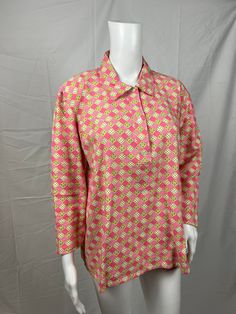 "Vintage 1970s Blouse Loose Tunic Style Shirt Pink and Green with Abstract Pattern Button Detail on Chest  Cotton Material  Made in Italy  Measurements  Bust - 44\" Waist - 44\" Length - 24\" Sleeve - 18\" Shoulder - 17\"" Pink Floral Print Shirt For Daywear, Pink Floral Print Collared Blouse, Retro Pink Printed Shirt, Retro Pink Top With Retro Print, Spring Retro Print Pink Top, Spring Pink Printed Tunic, Pink Floral Print Tunic For Spring, Pink Long Sleeve Retro Top, Pink Cotton Printed Blouse