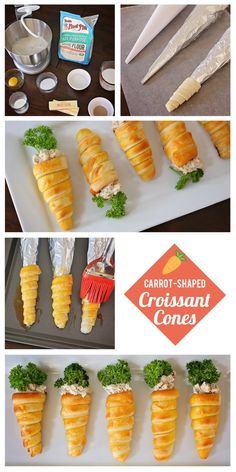 the process of making croissant cones with cheese and lettuce on them