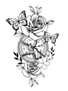 a clock with roses and butterflies on it, as well as two butterflies flying around