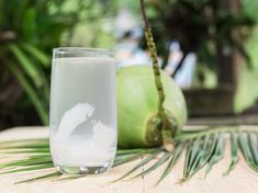 a glass of milk sitting on top of a wooden table next to a green coconut