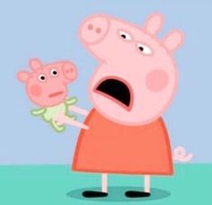 peppa pig holding a stuffed animal in his arms and yelling at someone else with an angry look on their face