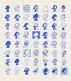 various blue and white shapes are shown in this graphic art work, which depicts people's faces