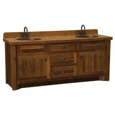 a bathroom vanity with two sinks and wooden cabinetry on the top, below which reads barnwood 5'vanity