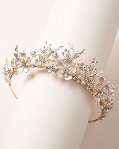 Gold Wedding Tiara Floral Crystal Flower Crown, Tiara Gold, Wedding Flower Crown, Floral Tiara, Wedding Headpieces, Flower Tiara, Bridal Hair Accessory, Crown Gold, Pearl Tiara