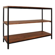 a wooden shelf with two shelves on each side and black metal frame around the top