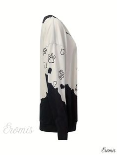 Eromis - Womens Plus Size Colorblock Cat Print Sweatshirt - Stylish Long Sleeve Medium Stretch Pullover Top with Round Neckline White Long Sleeve Top With Cat Design, White Long Sleeve Sweatshirt With Cat Print, White Winter Top With Cat Design, White Cat Design Top For Winter, White Cat Print Top For Winter, Cat Print, Printed Sweatshirts, Round Neckline, Types Of Printing