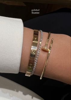 Stacked Wrist Bracelets, Luxury Bracelet Stack Gold, Aesthetic Bracelet Stack, Cute Bracelet Stacks, Luxury Bracelet Stack, Cartier Bracelet Stack, Hand Stack, Alyssa Lenore, Jewellery Stack