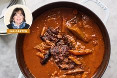 a pot filled with stew next to a smiling woman's face on the side