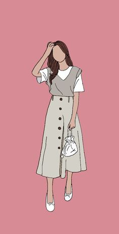 a drawing of a woman wearing a dress and holding a handbag in front of her face