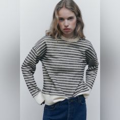 Round Neck Sweatshirt With Long Sleeves. Striped Outer Shell Main Fabric 53% Cotton 47% Polyester Details 49% Cotton 49% Polyester 2% Elastane Green Cropped Hoodie, Yellow Crewneck, Funnel Neck Hoodie, Grey Cropped Hoodie, Zara Sweatshirt, Velvet Hoodie, Embellished Sweatshirts, Striped Sweatshirts, Zara Sweater