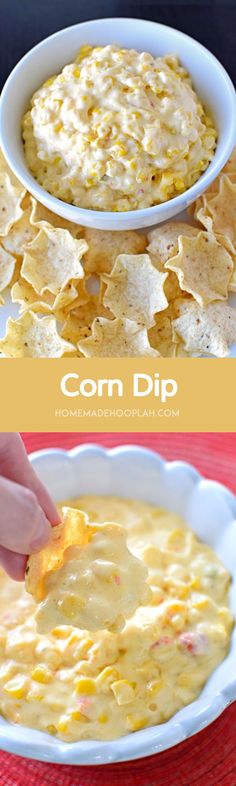 corn dip in a white bowl with tortilla chips on the side and an image of