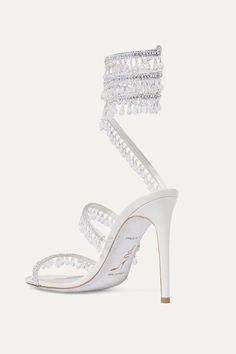 Silver Cleo embellished metallic satin and leather sandals | René Caovilla | NET-A-PORTER Luxury Crystal Embellished Ankle Strap Sandals, Designer Embellished Sandals With Open Heel, Luxury Embellished High Heel Sandals, Luxury High Heel Embellished Sandals, Designer Embellished Sandals For Gala, Luxury Embellished Heels With Single Toe Strap, Chic Embellished Sandals With Single Toe Strap, Designer High Heel Embellished Sandals, Designer Rhinestone Sandals With Open Heel