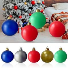 there are many different colored ornaments in front of the christmas tree