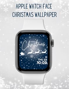 an apple watch face with christmas wallpaper on the screen and snowflakes in the background