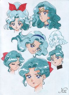 some drawings of different hair styles for girls with blue eyes and green hair, one is wearing