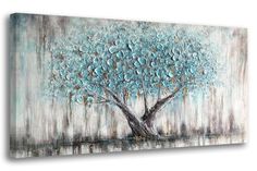 an abstract painting of a tree with blue leaves