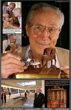 an old man holding a miniature doll house in front of him