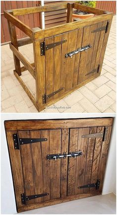 an old wooden cabinet is turned into a planter with metal handles and latches