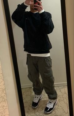 Aj11 Outfit Men, Cargos And Crewneck, Concord Bred 11 Outfit, Jordan Bred 11 Outfits Men, Carhartt Cargos Outfits, Nike Crewneck Outfit Men, Fits With Cargo Pants Men, Black Nike Crewneck Outfit, Jordan 11 Concord Bred Outfit