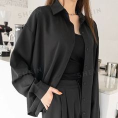 Shein Solid Black Collared Blouse Black Long Sleeve Button Up Dress Shirt Business Casual Top With Collar Neutral Black Chiffon Blouse Minimalist Black Button Down Shirt Size Extra Large Polyester New #Businessattire #Officewear #Backtowork #Interviewclothes #Businesscasual #Minimalist #Oldmoney #Newmoney #Retro #Y2k #Barbiecore #Balletcore #Cottagecore #Vintage #Fairycore #Academia #Kawaii #Grunge #Goth #Pastel #Mermaidcore #Kidcore #Madewell #Urbanoutfitters #Princesspolly #Darkacademia #90s # Modest Button Up Shirt Outfit, Casual Black Button Up Shirt Outfit, How To Style Black Button Up, Style With Black Shirt, Elegant Oversized Black Shirt, Black Solid Color Button-up Shirt, Oversized Black Blouse With Button Closure, Black Long Sleeve Blouse With Button Cuffs, Black Button-up Blouse