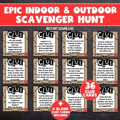 an outdoor scavenger hunt is shown in red and black with the words, epic indoor & outdoor scavenger hunt