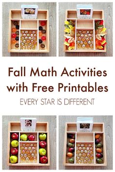 four different pictures of fall math activities with free printables for every star is different