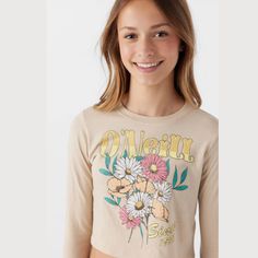 O'Neill Girl's cutie long sleeve tee 15.5" in length Soft cotton feel Screen print art 100% Cotton Beach Cruiser Accessories, Screen Print Art, Wetsuit Men, Beach Cruiser Bikes, Screen Printing Art, Twin Tips, Beach Bike, Womens Wetsuit, Body Glove