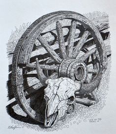 a drawing of an animal's head in front of a wagon wheel